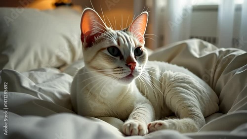 A white cat is lying on a bed in a cozy room. an atmosphere of relaxation and relaxation