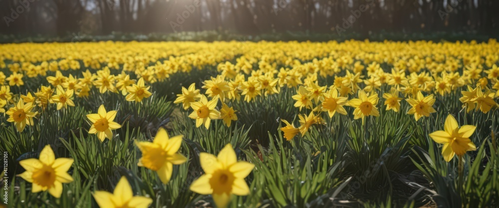 Obraz premium Sunlit field of vibrant yellow daffodils in full bloom , joyful, bloom