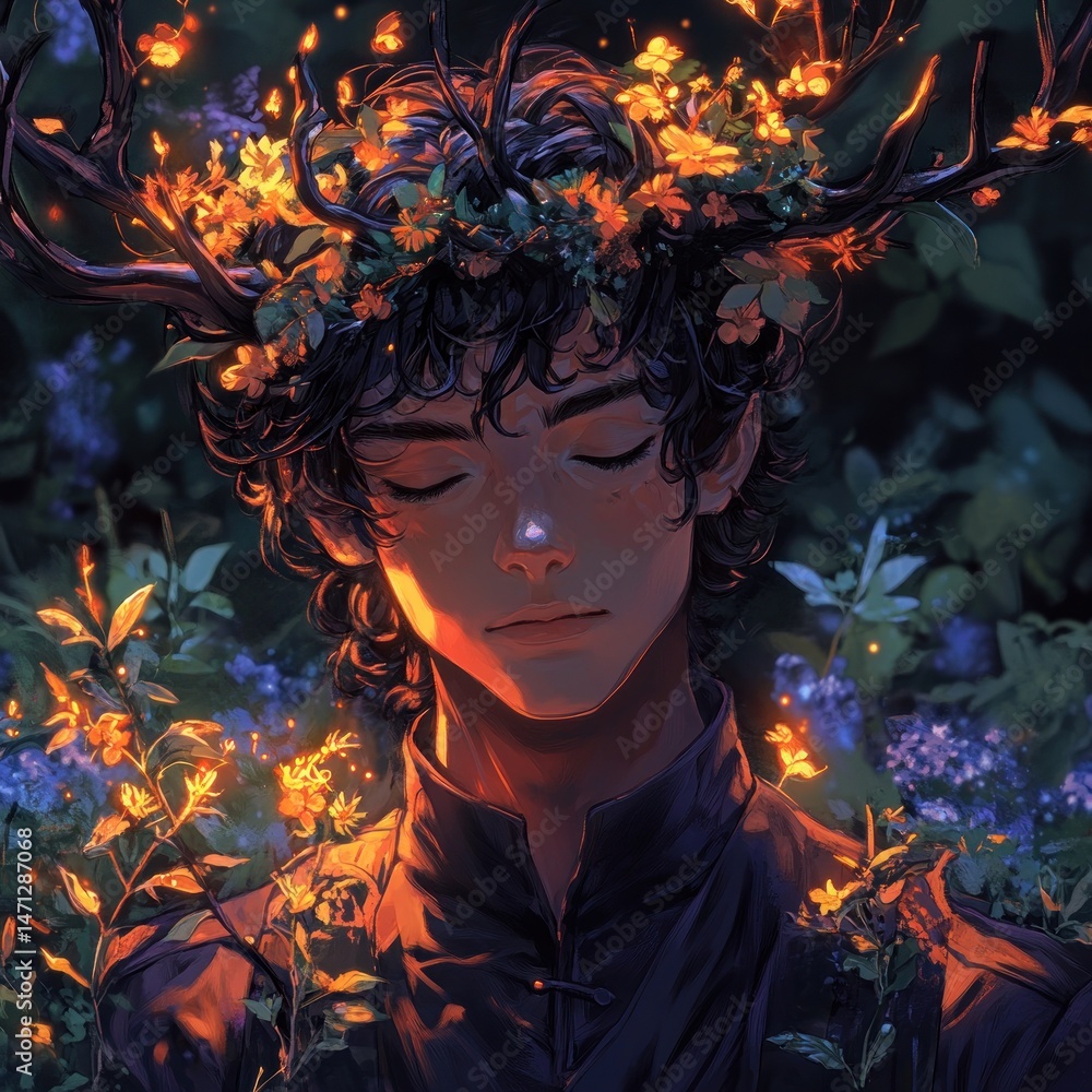 Fototapeta premium Peaceful young man surrounded by glowing flowers and antlers