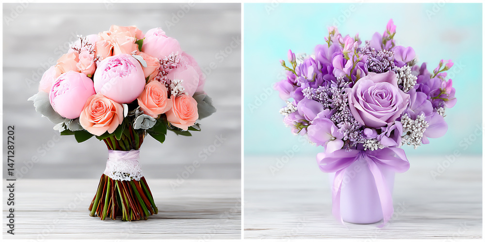 Obraz premium hand-tied bouquets of freshly cut peonies and sweet peas,