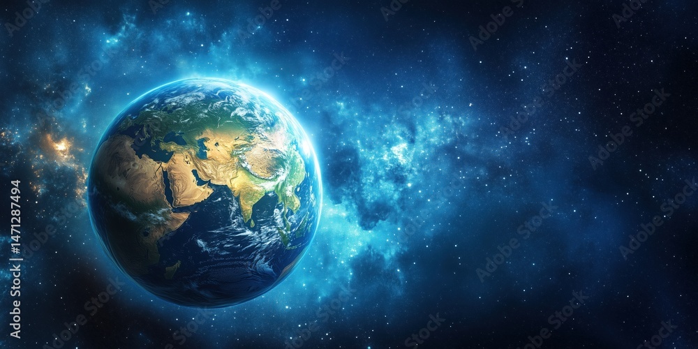 Obraz premium A vibrant and detailed view of planet Earth from space, showcasing the continents of Asia, Europe, and Africa against a backdrop of stars and glowing nebulae in deep space.