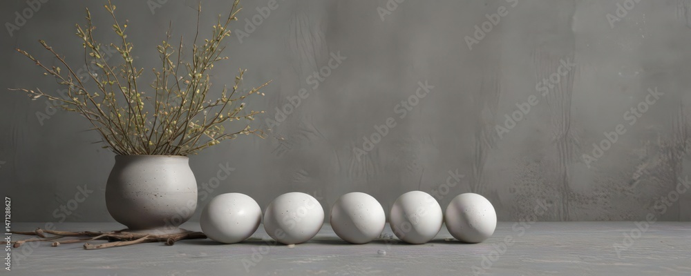 custom made wallpaper toronto digitalWhite speckled eggs & willow branches on grey concrete backdrop , simple, speckled
