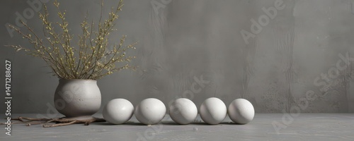 White speckled eggs & willow branches on grey concrete backdrop , simple, speckled