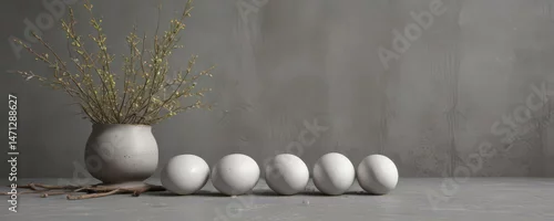 Panel kuchenny z motywem White speckled eggs & willow branches on grey concrete backdrop , simple, speckled