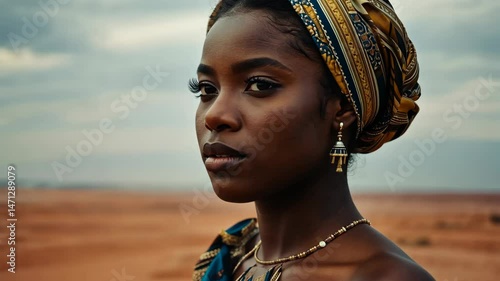 a beautiful African woman in ethnic clothes and jewelry. close-up of the face. The background is a desert, a field