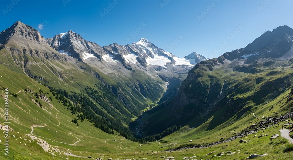 Fototapeta premium Hiking Path Winding Through Green Mountain Valley on Sunny Day