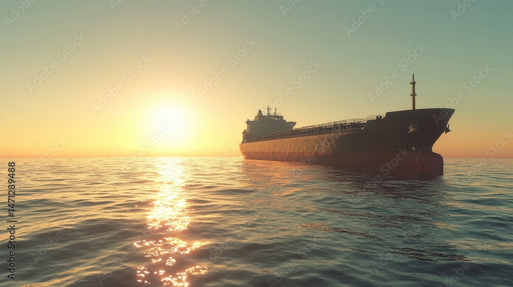 Fototapeta premium Ship at Sunset on Calm Waters with Bright Golden Sunlight