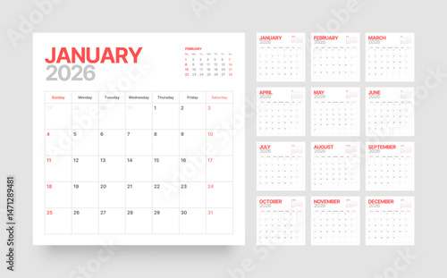 Monthly calendar layout for 2026 year. Planner Square diary for 2026 year. Week Starts on Sunday. 
