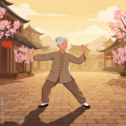 Woman Practicing Tai Chi in Traditional Town with Cherry Blossoms