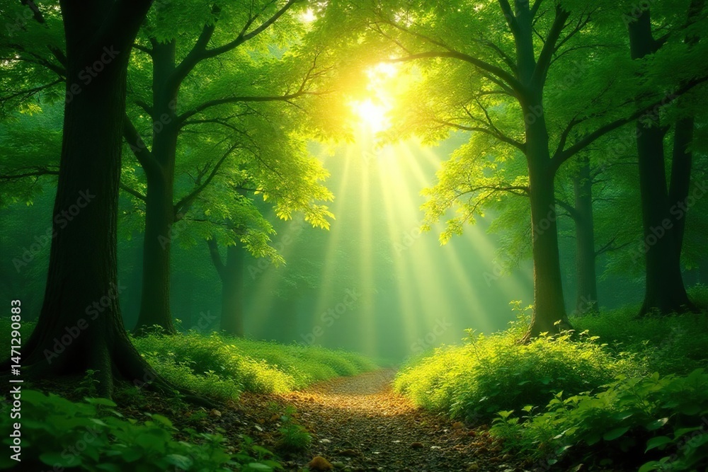 Obraz premium Serene forest scene showcasing sunlight filtering through leaves, creating a peaceful, meditative atmosphere , spiritual, green