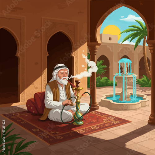 Man Smoking Hookah in Courtyard with Fountain and Palm Tree