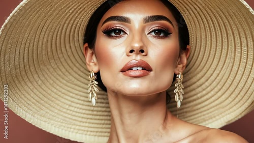 a beautiful, striking brunette in a straw hat. close-up of the face. Makeup, jewelry, emotions
