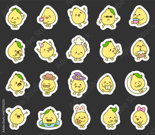 Pomelo cartoon characters in kawaii style expressing emotions waving smiling jumping reading sleeping cooking blogging and wearing costumes hats and accessories