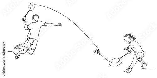 continuous line art of man and woman doing badminton exercise. vectors illustration