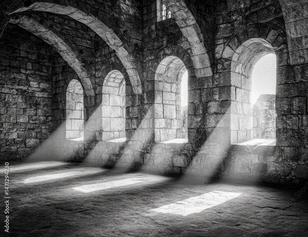 Obraz premium Ancient stone arches, light streaming through windows. Sunlight illuminating interior of a historical building