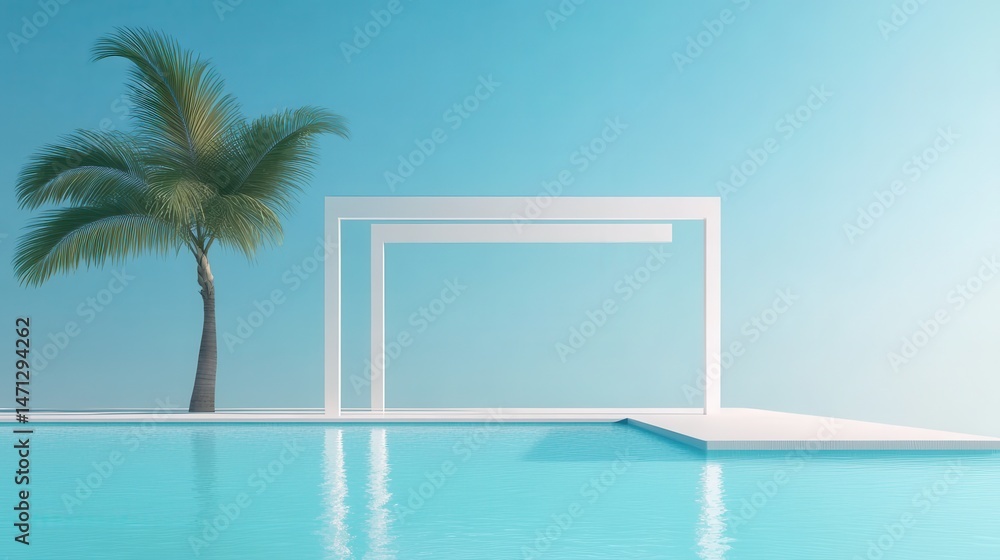 Fototapeta premium Serene poolside oasis, minimalist modern architecture with a palm tree, inviting tranquil vibes and relaxation space.