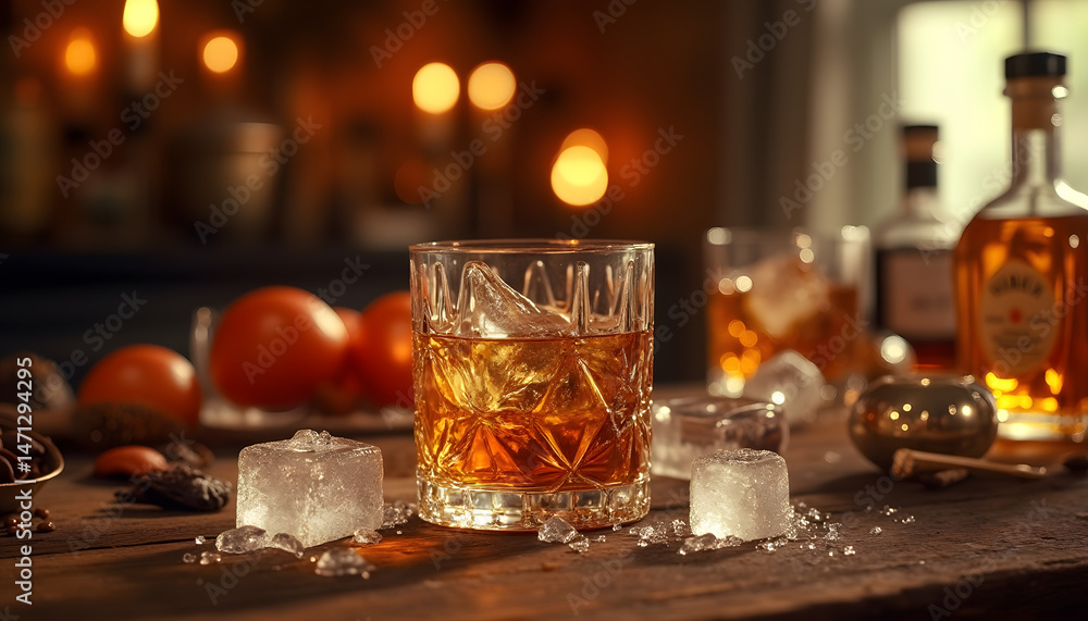 Rum glass on table with ice mold, decor elements around, atmospheric background.
Rum glass on table with ice mold, decor elements around, atmospheric background.