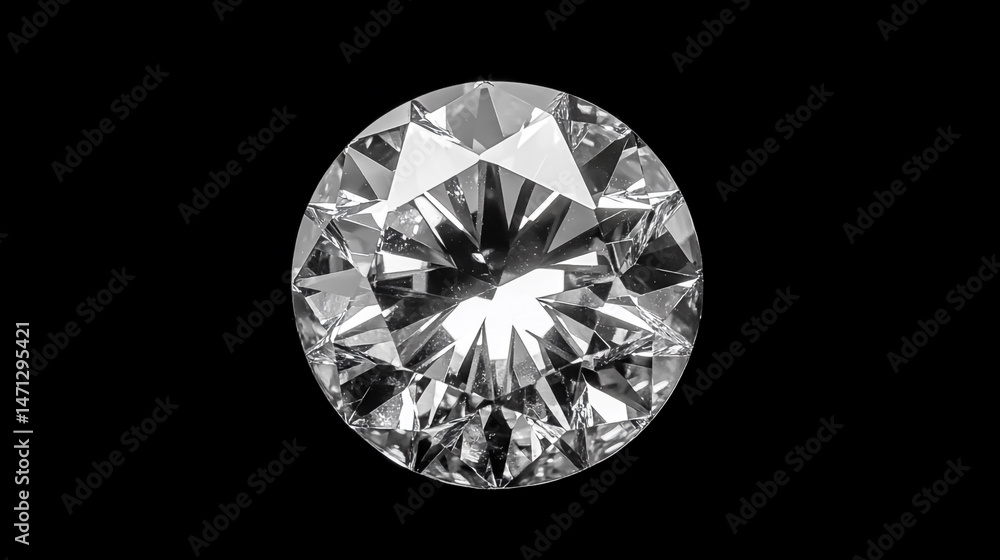 A round diamond with a perfect cut, high resolution, isolated on a black background, front view. A round diamond with a perfect cut, high resolution, isolated on a black background, front view.