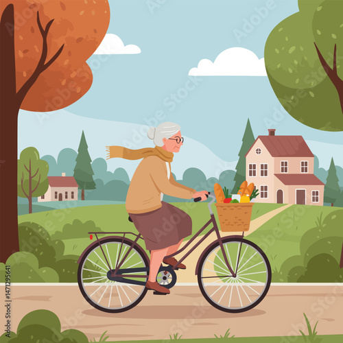 Woman Riding Bicycle with Groceries in Park on Sunny Day