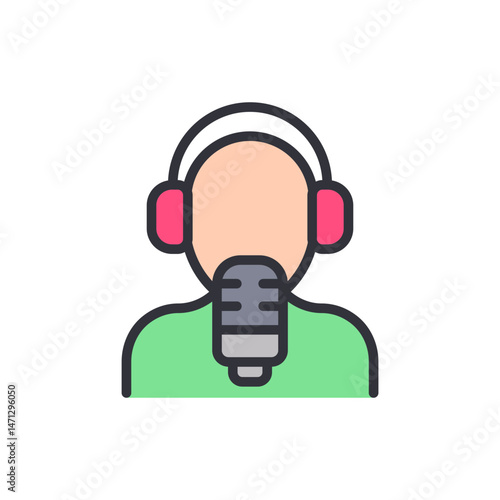 Person with headphones and microphone illustrating podcast or voice over