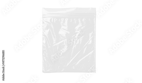 Minimalist ziplock-style plastic bag shown against a solid black background. The shiny, crinkled plastic texture and light reflections make it an excellent mockup for product packaging or branding.