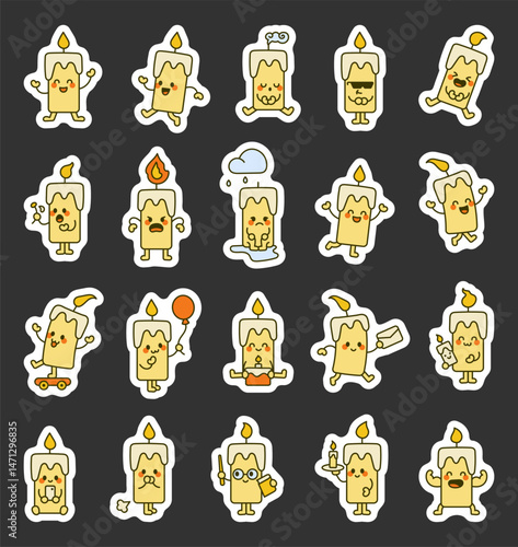 Cute kawaii cartoon candle characters with emotions activities expressions gestures and playful mascot outline fun design