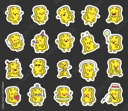 Cute kawaii cartoon sponge characters for fun emotional outline mascot design and joyful playful illustration set collection bundle