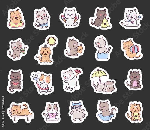Cats on the beach in kawaii cartoon style with summer activities swimming relaxing sunbathing eating drinking and playing games