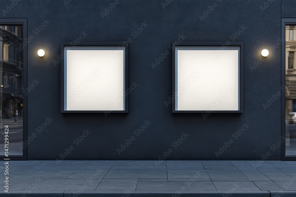 Empty advertising panels on a dark building facade at night Empty advertising panels on a dark building facade at night