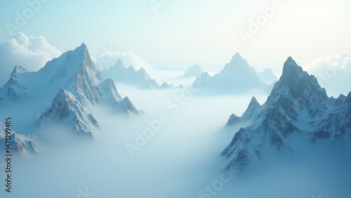 Serene Winter Mountain Range Peaks Emerging from Misty Cloudscape