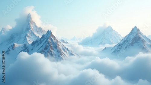 Majestic Snow Capped Mountains Soaring Above Cloudscape Serene Winter Landscape
