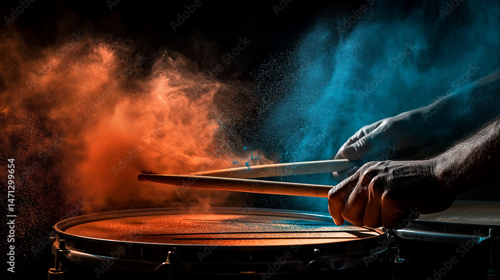 background of hands using drumsticks to hit snare drum and causing coloured dust explosion