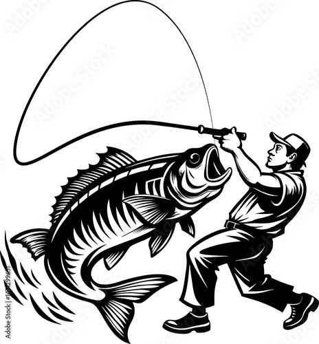 Bass Fisherman Silhouette with Big Catch Ideal for Rustic Cabin Décor and Angler Projects