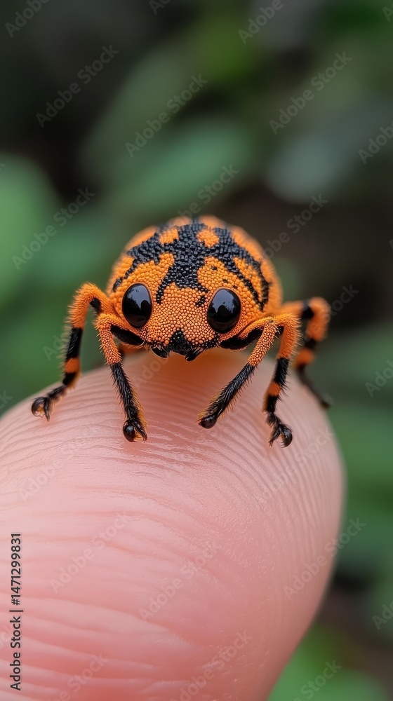 Fototapeta premium Bright Orange Insect on Finger Against Green Nature Background