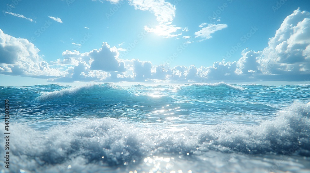 Fototapeta premium Peaceful ocean horizon with crystal-clear shallow waves and sunny sky
