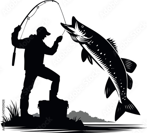 Scenic Fisherman Hooking Largemouth Bass Fish Silhouette Great for Angler Gifts and Décor