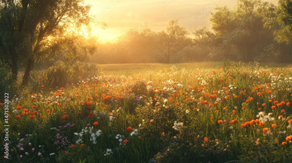 Obraz premium A sunlit meadow overflowing with wildflowers at dawn.
