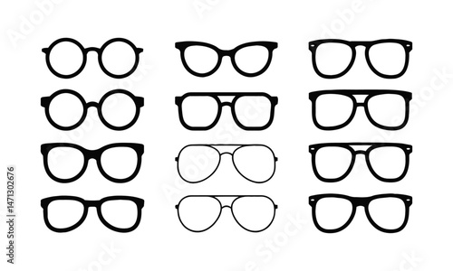 Modern vector illustration set featuring a variety of eyeglass and sunglasses silhouettes, easily scalable and editable.