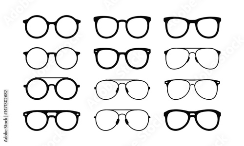 Modern vector illustration set featuring a variety of eyeglass and sunglasses silhouettes, easily scalable and editable.