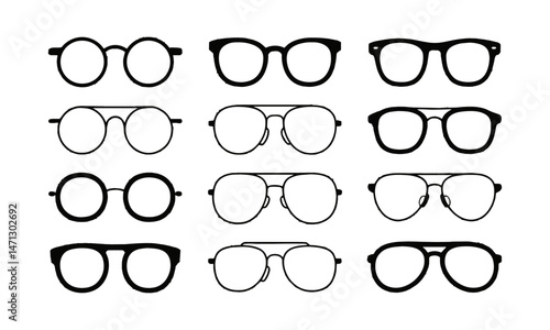 Modern vector illustration set featuring a variety of eyeglass and sunglasses silhouettes, easily scalable and editable.