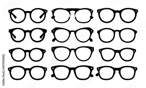 Modern vector illustration set featuring a variety of eyeglass and sunglasses silhouettes, easily scalable and editable.