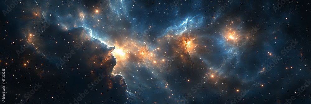 Fototapeta premium Vast space nebula art with glowing stars nestled within hyper-realistic gas formations.