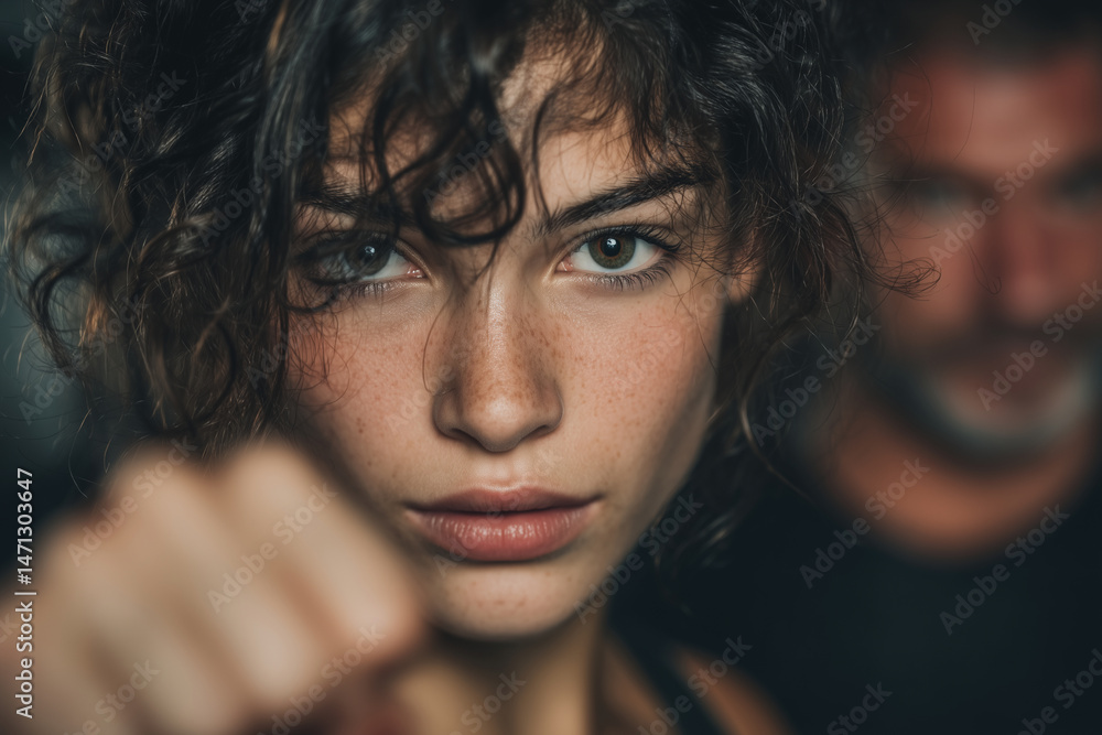 A photo of an attractive young Middle Eastern woman with curly hair and dark eyes, training in martial arts at the gym under close attention from her coach. She's striking poses wh A photo of an attractive young Middle Eastern woman with curly hair and dark eyes, training in martial arts at the gym under close attention from her coach. She's striking poses wh