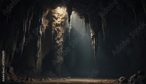 Dark, damp cave  Dripping water, sharp stalactites  Grunge texture , water, stalagmite,  karst