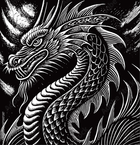 Majestic Black and White Dragon Illustration