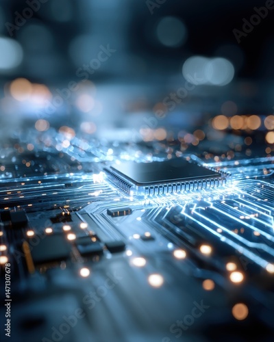 Macro Shot of Computer Chip on Circuit Board with Blue Light Reflections for Technology Concept