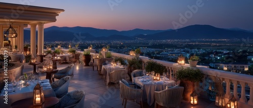 Rooftop Restaurant at Twilight with City View, Tables Set with Lanterns and Elegant Decor, High Angle