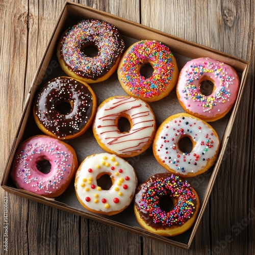 Overhead shot of assorted glazed donuts in cardboard box on rustic wood table top sweet treats bakery confection