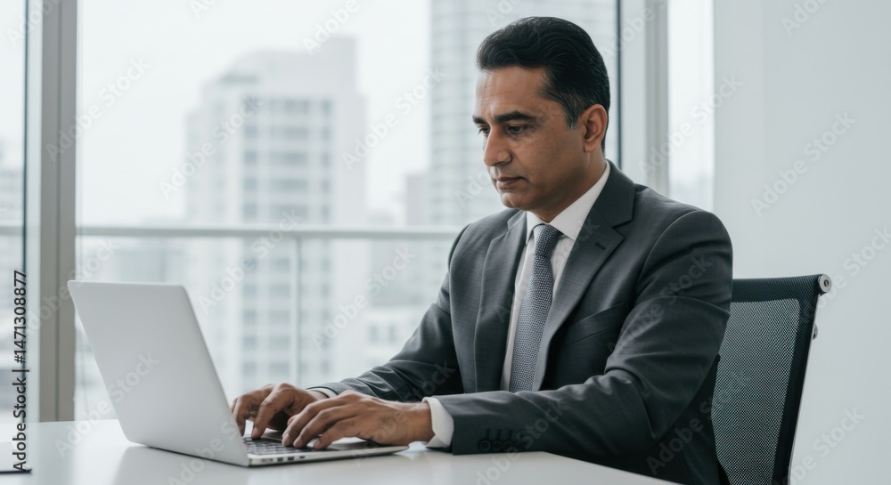 Focused businessman working on laptop in modern office Focused businessman working on laptop in modern office