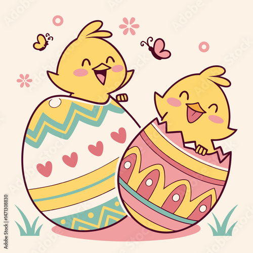 Cartoon chicks popping out of decorated Easter eggs, smiling happily